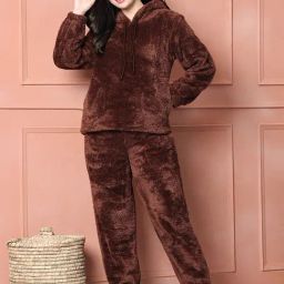 Secret Wish Brown Faux Fur comfortable fit Solid Night Suit-image-20