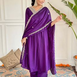 KALINI Ethnic Motifs Yoke Design Empire Thread Work Anarkali Kurta with Palazzos & Dupatta-image-52