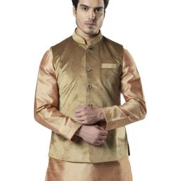 Ethnix By Raymond Beige Regular Fit Self Pattern Nehru Jacket-31