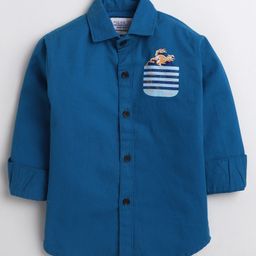 Polka Tots Full Sleeves Waves & Stripes Pocket Placement Printed Shirt - Blue-image-25