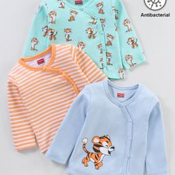 Babyhug 100% Cotton Full Sleeves Antibacterial Vests Tiger Print Pack of 3 - Orange & Blue-image-47