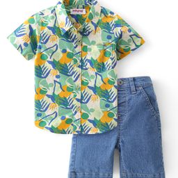 Babyhug Cotton Woven Half Sleeves Shirt & Denim Shorts Set Tropical Theme - Green & Blue-picture-22