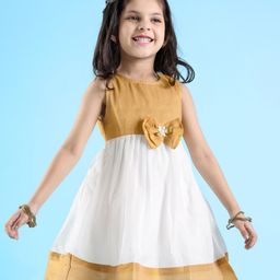 Babyhug Woven Sleeveless Gold Border Ethnic Dress With Bow Applique - White & Golden-picture-22