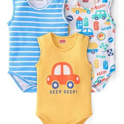 Babyhug 100% Cotton Sleeveless Onesies Stripes Vehicle Print Pack of 3 - Multicolour-image-47