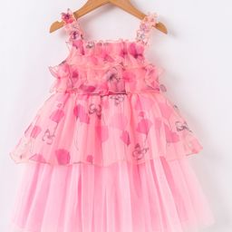 Kookie Kids Sleeveless Singlet Mesh Overlay Layered Frock With Floral & Butterfy Print - Pink-image-11