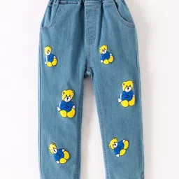 Kookie Kids Full Length Denim Washed Jeans with Teddy Print - Blue-picture-8