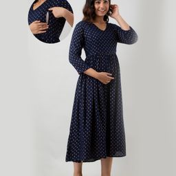 Step Queen Three Fourth Sleeves Abstract Printed Maternity Dress With Zipper Nursing Access - Blue-image-2