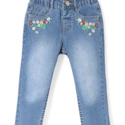 Babyhug  Full Length Denim Jeans with Floral Print - Blue-image-91