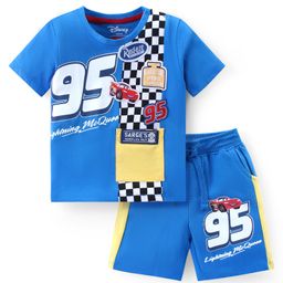Babyhug Disney Cotton Knit Half Sleeves T-Shirt & Shorts Set With Disney Cars Graphics & Woven Patch Detailing - Blue-image-96