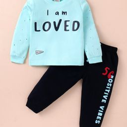 Mini Donuts Cotton Knit Full Sleeves T-Shirt & Lounge Pants Set With Text Print -Aqua Blue-image-90