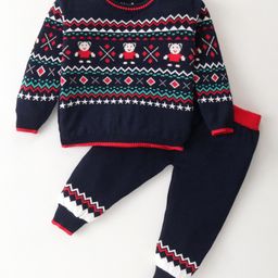 ToffyHouse Cotton Sweater Knit Full Sleeves Winter Wear Set With Teddy & Chevron Print - Navy-image-36
