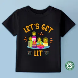 BLUSHES Diwali Theme 100% Cotton Half Sleeves Lets Get Lit Text Printed Tee - Black-picture-40