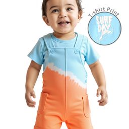 Babyoye 100% Cotton Knit Half Sleeves Text Printed T-Shirt & Dungaree Style Romper with Tie & Dye - Light Blue & Orange-image-39