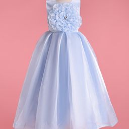 Bluebell Tissue Woven Sleeveless Party Gown With Floral Corsage - Blue-image-50