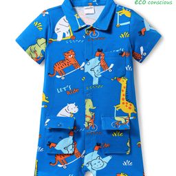 Babyoye 100% Cotton Knit Half Sleeves Eco Jiva Finish Front Open Romper with Animal Print - Blue-image-25