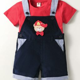 ToffyHouse Cotton Dungaree with Half Sleeves T-Shirt with Teddy Applique - Navy Blue-image-123