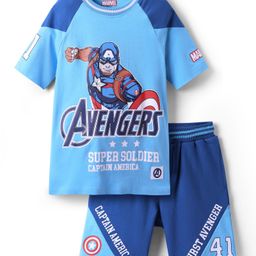 Pine Kids Marvel Single Jersey Knit Half Sleeves Oversize Drop Shoulder Raglan T-Shirt And Shorts With Avengers Captain America Grpahics And Buckle Badge Detailing - Blue-image-82