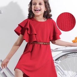 Hola Bonita Knit Flutter Sleeves Textured Fabric Solid Frock With Belt - Red-image-75