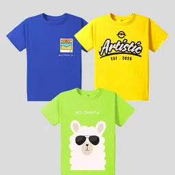 KAVEE Pure Cotton Pack Of 3 Half Sleeves Llama & Artistic Text Printed Tees - Blue Green & Yellow-picture-35