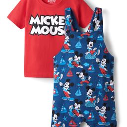 Babyhug Disney Single Jersey Knit Dungaree with Half Sleeves Inner Tee & Mickey Mouse Graphics - Navy Blue & Red-image-18