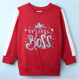 BUMZEE Looper Knit Full Sleeves Text Printed Sweatshirt With Sequin Detailing - Red-picture-11