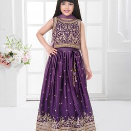 Tiny Kingdom Woven Sleeveless Floral Embroidered Sequins Embellished Lehenga Choli With Dupatta - Purple-image-18