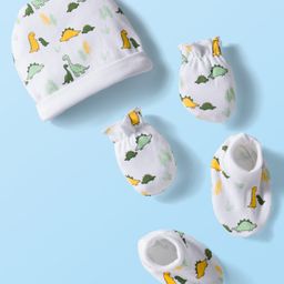 Babyhug 100% Cotton Cap Mittens & Booties Set With Dino Print White - Diameter 10 cm-picture-5