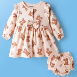 Babyoye 100% Cotton Knit Full Sleeves Frock With Teddy Bear Print & Bloomer - Peach-picture-14