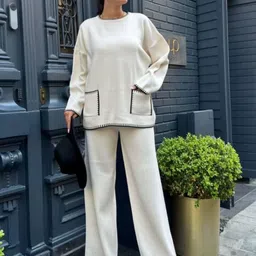 Alamode By Akanksha Beige Sally Luxe Winter Pure Wool Co-Ord Set- Set Of Top And Pants-image-14