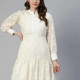 JAINISH Floral Mandarin Collar Net A-Line Tiered Dress-image-6