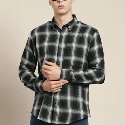 Hancock Black & Grey Cotton Slim Fit Checks Shirt-image-97
