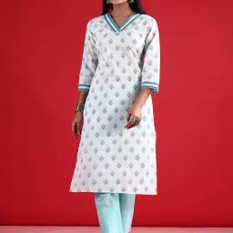 Indo Era White Cotton Printed Straight Kurta-image-64