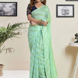Satrani Mint Green Striped Saree With Unstitched Blouse-picture-31