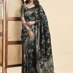 Satrani Black Silk Woven Saree With Unstitched Blouse-image-35
