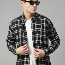 Hancock Black Cotton Slim Fit Checks Shirt-image-62
