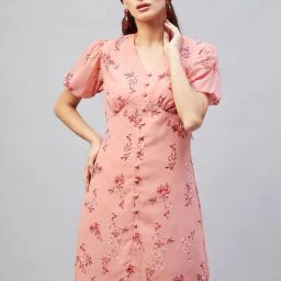 Marie Claire Women Peach Print Colour Above Knee Floral Dress-image-44