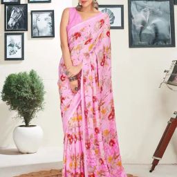 Satrani Pink Floral Print Saree With Unstitched Blouse-image-97