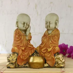 eCraftIndia Set of 2 Orange Monks Polyresin Tealight Holder-19