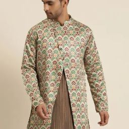 SOJANYA Beige Comfort Fit Floral Print Sherwani Jacket-48