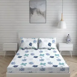 Layers Pistoia Floral Blue 144 TC Cotton King Bed Sheet with 2 Pillow Covers-image-31