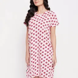 Clovia White & Pink Printed Night Dress-image-50