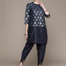 Ziyaa Navy Floral Print Kurti Dhoti Pant Set With jacket-image-15