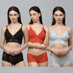 AROUSY Black & Red Self Pattern Bra Panty Set - Pack Of 3-image-84