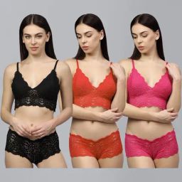 AROUSY Black & Red Self Pattern Bra Panty Set - Pack Of 3-image-87