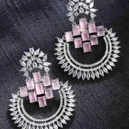 Zeneme Rhodium Plated Silver Brass & Pink AD Dangler Earrings-image-49