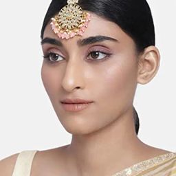 Peora Gold-Plated Traditional Kundan Peach Pearl Maang Tikka-image-20