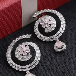 Zeneme Rhodium Plated Silver Toned AD Circular Drop Earrings-image-93
