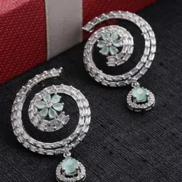 Zeneme Rhodium Plated Silver Toned AD Circular Drop Earrings-image-52