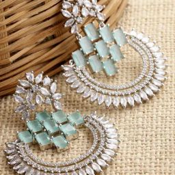 Zeneme Rhodium Plated Silver Brass & Green AD Dangler Earrings-image-26