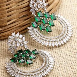 Zeneme Rhodium Plated Silver Brass & Green AD Dangler Earrings-image-93